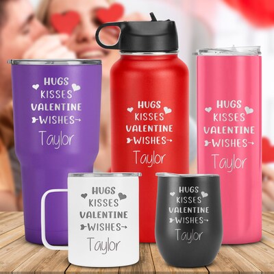 Personalized Hugs Kisses Valentine Wishes Engraved Tumbler Valentine Gifts for Girlfriend, Boyfriend, Wife, Husband and Couples, Love Gifts - image1